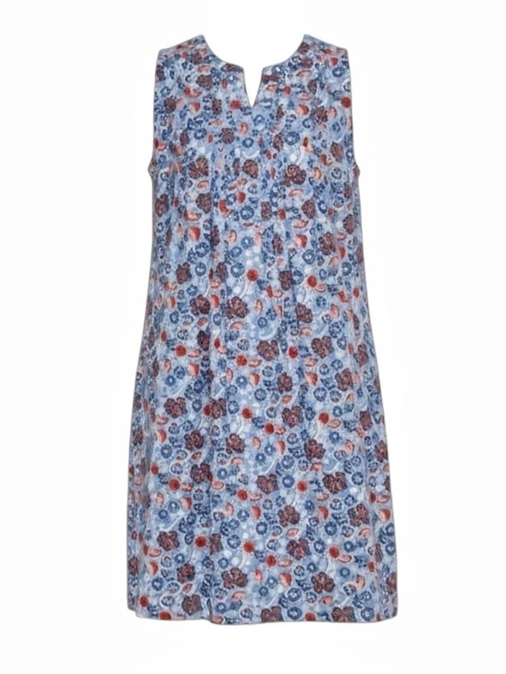 Woman’s Linen Blend Floral Blue & Red Sleeveless Slit Neckline Pocket Dress Size